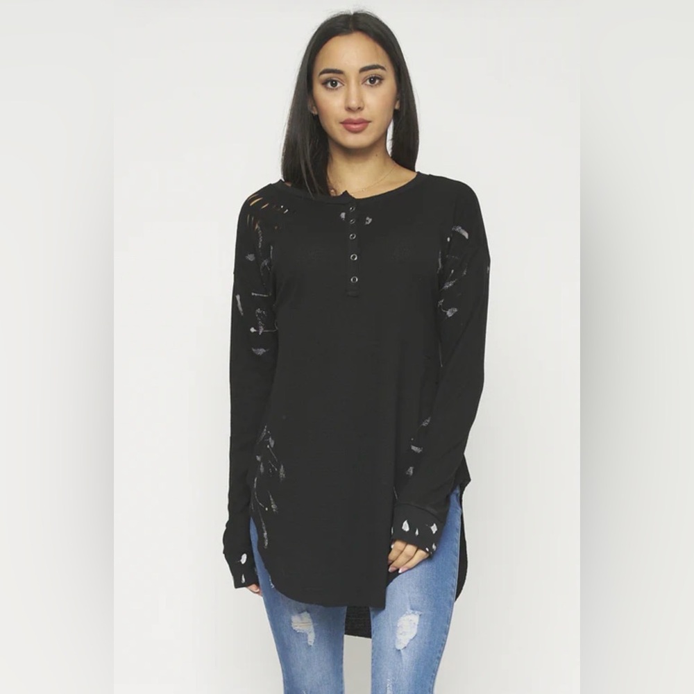 Long Sleeve Destroyed Knit Top-Black